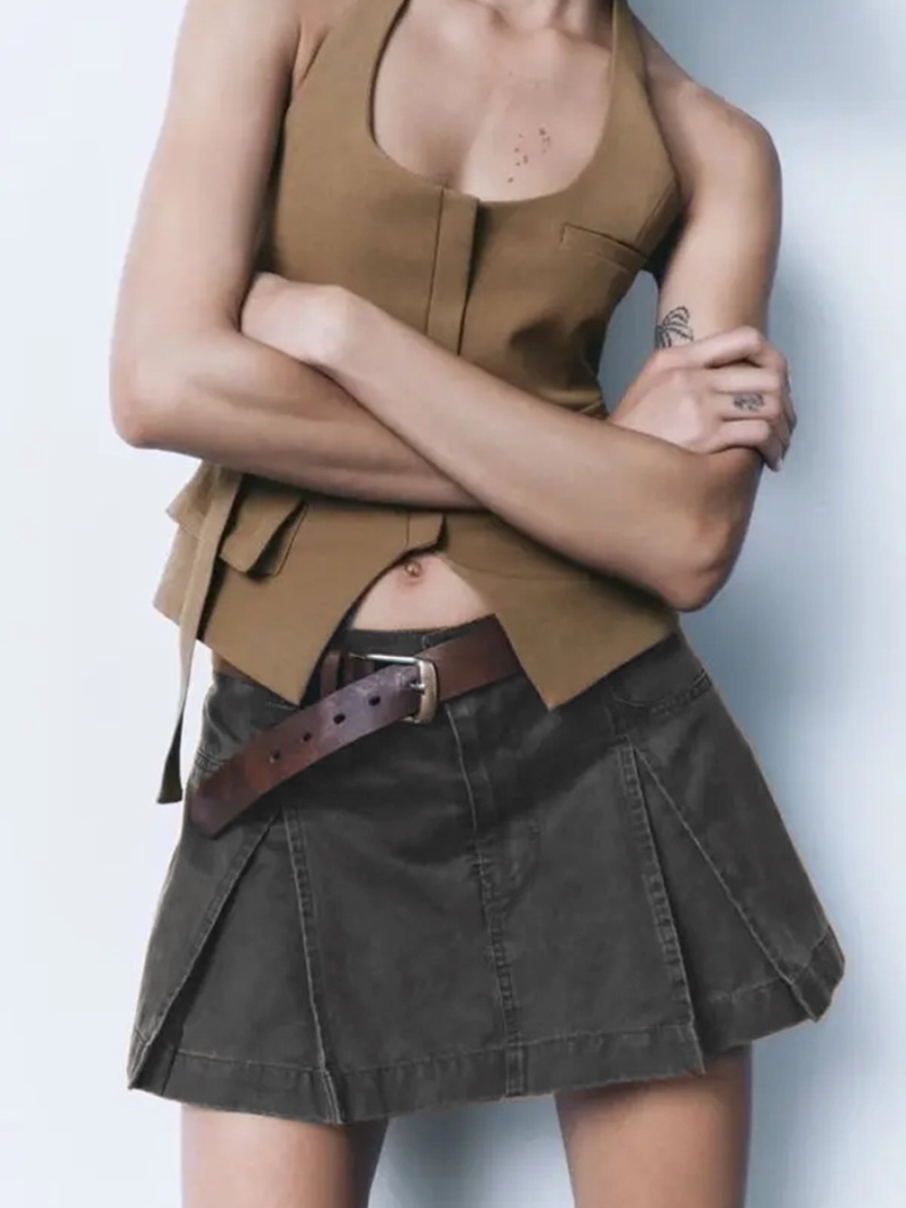 ZARA gray waxed/coated mini skort